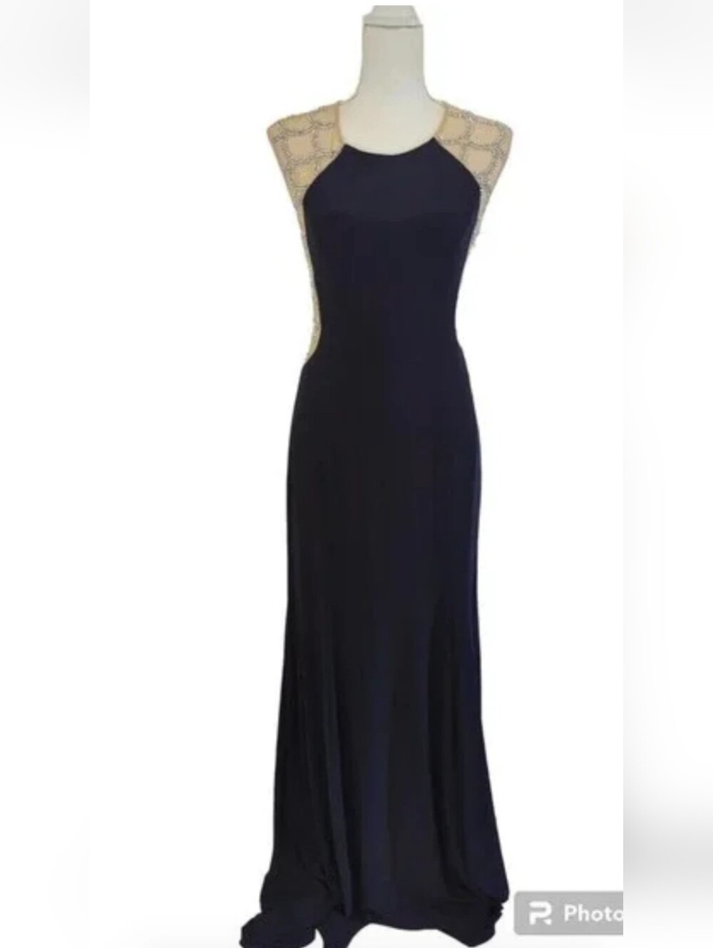Xscape Elegant Navy Evening Gown with Beaded Illusion Back Size 8 A82 - Picture 2 of 5